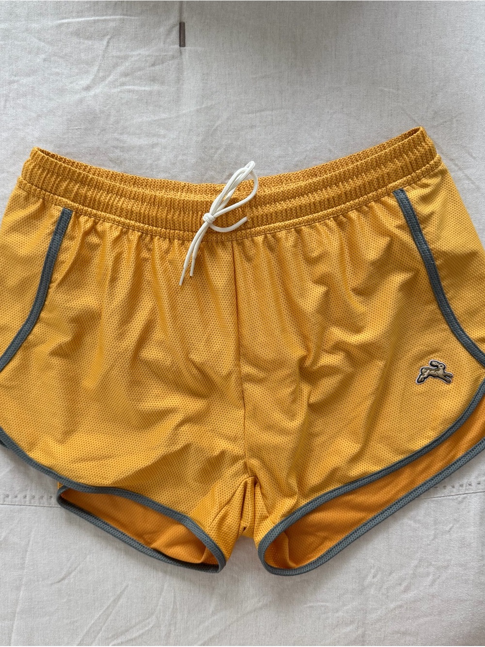 Tracksmith Mustard Yellow Athletic Shorts with Gray/Green Trim